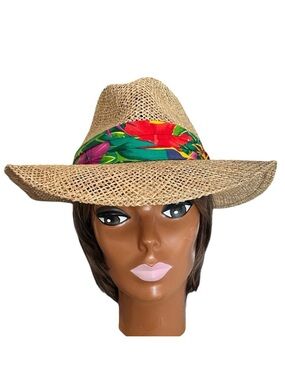 Dorfman Pacific Co Straw Woven Fedora Sun Hat California Tan with Tropical Band